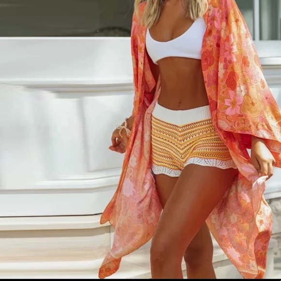 Orange Boho Floral Print Kimono Beach Wrap - Picture 4 of 8